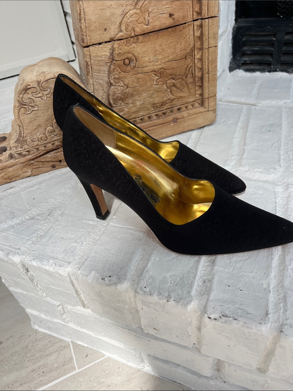 Nina Black Pointed-Toe Pumps with Gold Interior